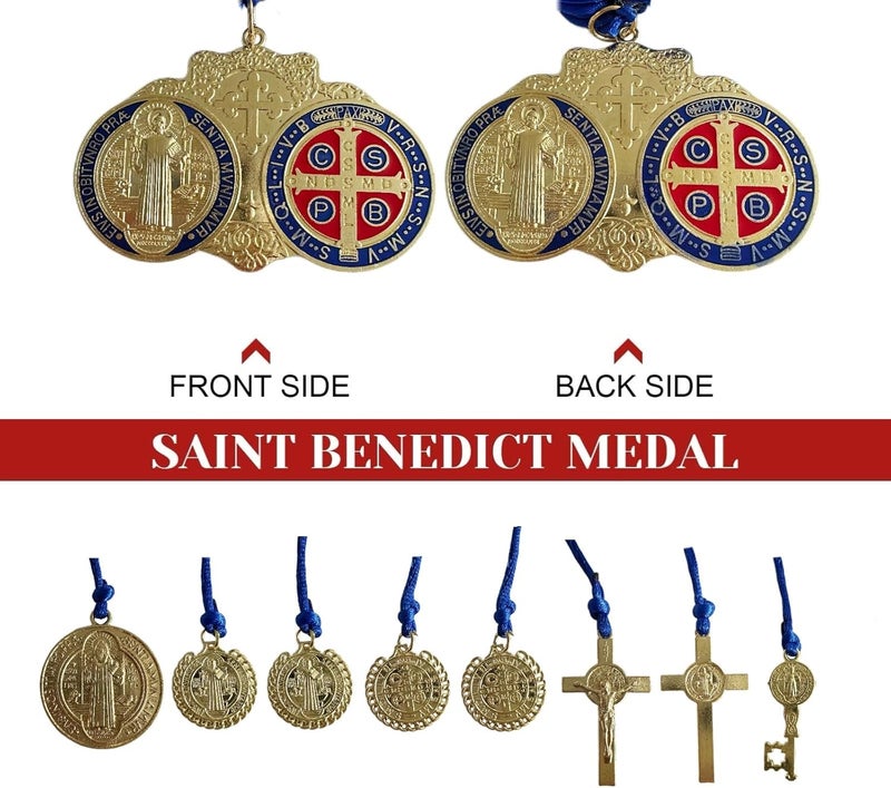 Bovemee Escapularios Catolicos,2PCS Golden Saint Benedict Medal Protection Blessing Charm, St Benedict Crucifix, Catholic Handmade Jewelry Gift Car Hanging Home Decor (2PCS Blue Medal) - Image 2